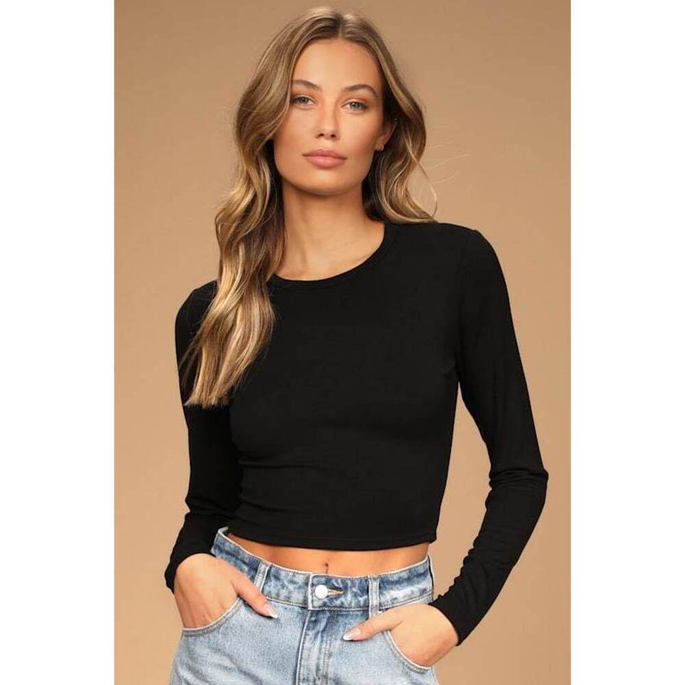 Lulus Begin With The Basics Black Long Sleeve Crop Top - Size M